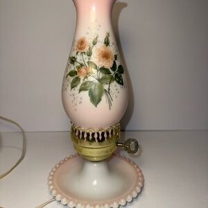 Vintage Pink Roses Floral Hurricane Milk Glass Lamp -Tested working